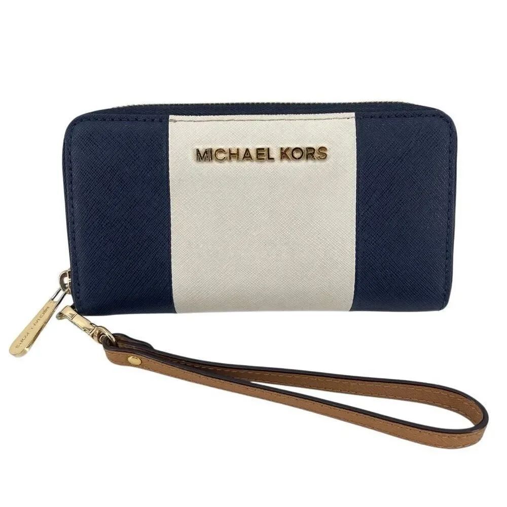 Michael Kors Jet Set Travel Continental Wallet Navy Stripe Zip Wristlet